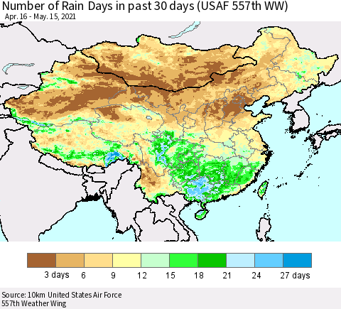 China, Mongolia and Taiwan Number of Rain Days in past 30 days (USAF 557th WW) 05/15/2021 Thematic Map For 5/11/2021 - 5/15/2021