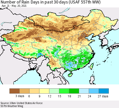 China, Mongolia and Taiwan Number of Rain Days in past 30 days (USAF 557th WW) 05/20/2021 Thematic Map For 5/16/2021 - 5/20/2021