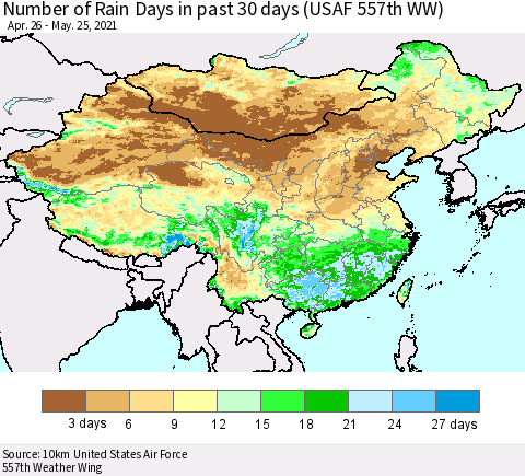 China, Mongolia and Taiwan Number of Rain Days in past 30 days (USAF 557th WW) 05/25/2021 Thematic Map For 5/21/2021 - 5/25/2021