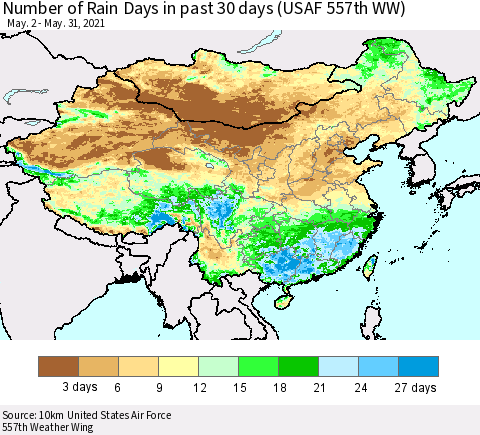 China, Mongolia and Taiwan Number of Rain Days in past 30 days (USAF 557th WW) 05/31/2021 Thematic Map For 5/26/2021 - 5/31/2021