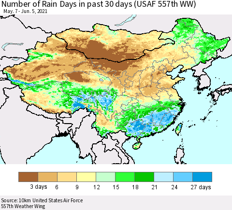 China, Mongolia and Taiwan Number of Rain Days in past 30 days (USAF 557th WW) 06/05/2021 Thematic Map For 6/1/2021 - 6/5/2021