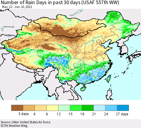 China, Mongolia and Taiwan Number of Rain Days in past 30 days (USAF 557th WW) 06/10/2021 Thematic Map For 6/6/2021 - 6/10/2021
