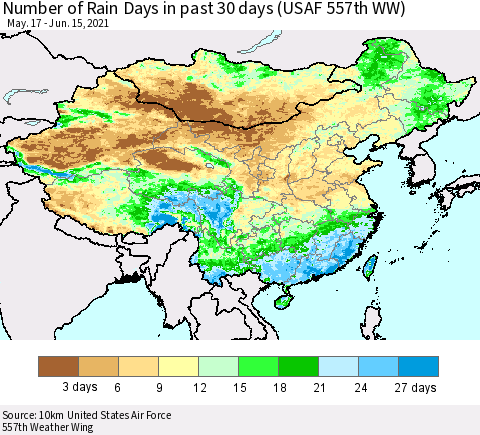 China, Mongolia and Taiwan Number of Rain Days in past 30 days (USAF 557th WW) 06/15/2021 Thematic Map For 6/11/2021 - 6/15/2021