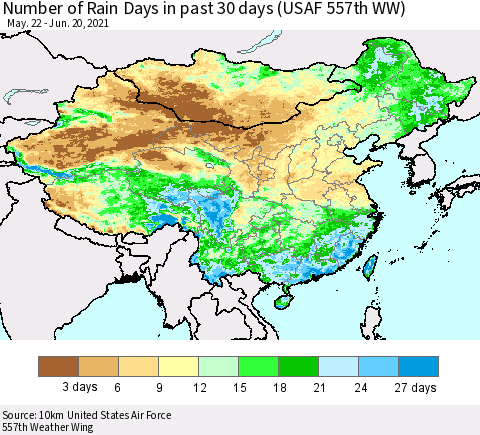 China, Mongolia and Taiwan Number of Rain Days in past 30 days (USAF 557th WW) 06/20/2021 Thematic Map For 6/16/2021 - 6/20/2021