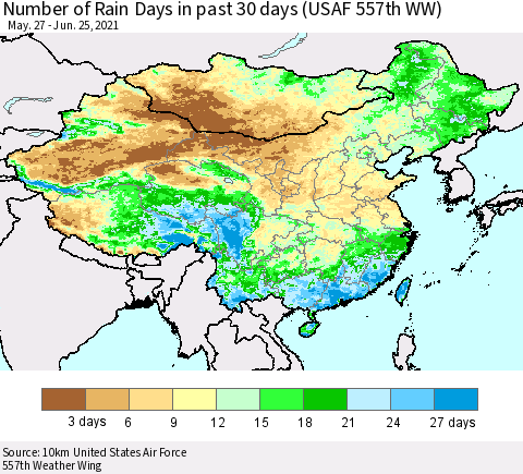 China, Mongolia and Taiwan Number of Rain Days in past 30 days (USAF 557th WW) 06/25/2021 Thematic Map For 6/21/2021 - 6/25/2021