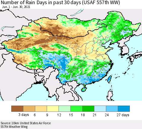 China, Mongolia and Taiwan Number of Rain Days in past 30 days (USAF 557th WW) 06/30/2021 Thematic Map For 6/26/2021 - 6/30/2021