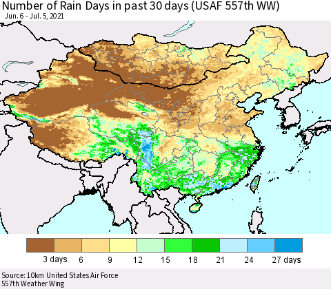 China, Mongolia and Taiwan Number of Rain Days in past 30 days (USAF 557th WW) 07/05/2021 Thematic Map For 7/1/2021 - 7/5/2021