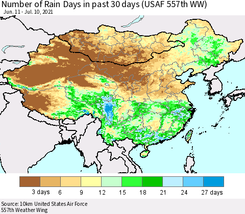 China, Mongolia and Taiwan Number of Rain Days in past 30 days (USAF 557th WW) 07/10/2021 Thematic Map For 7/6/2021 - 7/10/2021