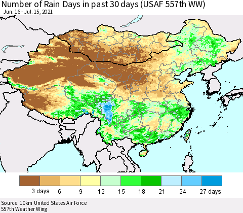 China, Mongolia and Taiwan Number of Rain Days in past 30 days (USAF 557th WW) 07/15/2021 Thematic Map For 7/11/2021 - 7/15/2021