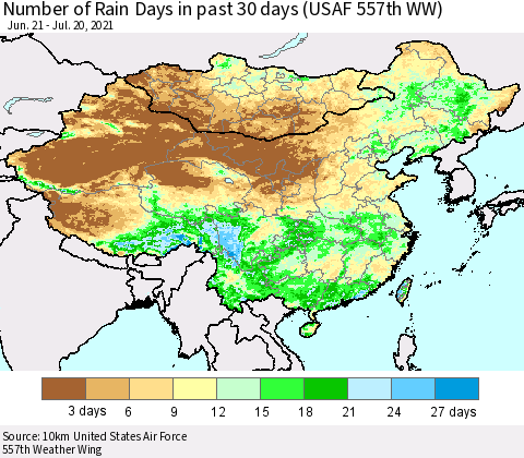 China, Mongolia and Taiwan Number of Rain Days in past 30 days (USAF 557th WW) 07/20/2021 Thematic Map For 7/16/2021 - 7/20/2021