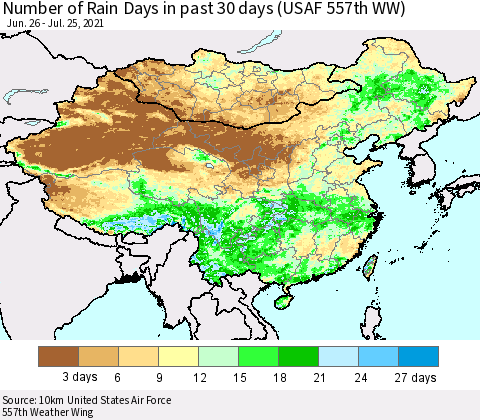 China, Mongolia and Taiwan Number of Rain Days in past 30 days (USAF 557th WW) 07/25/2021 Thematic Map For 7/21/2021 - 7/25/2021