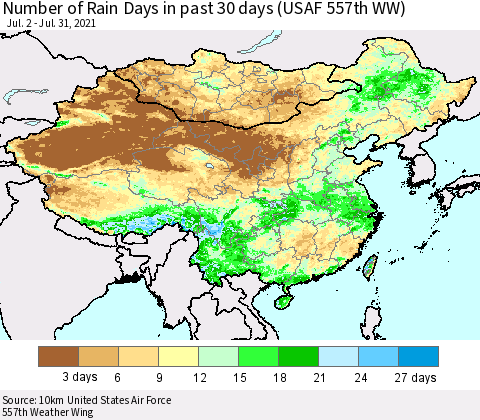 China, Mongolia and Taiwan Number of Rain Days in past 30 days (USAF 557th WW) 07/31/2021 Thematic Map For 7/26/2021 - 7/31/2021