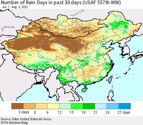 China, Mongolia and Taiwan Number of Rain Days in past 30 days (USAF 557th WW) 08/05/2021 Thematic Map For 8/1/2021 - 8/5/2021