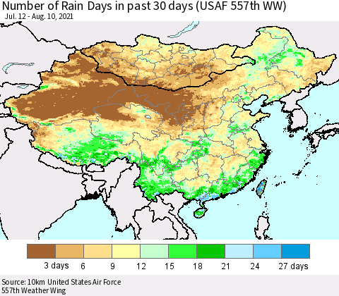 China, Mongolia and Taiwan Number of Rain Days in past 30 days (USAF 557th WW) 08/10/2021 Thematic Map For 8/6/2021 - 8/10/2021