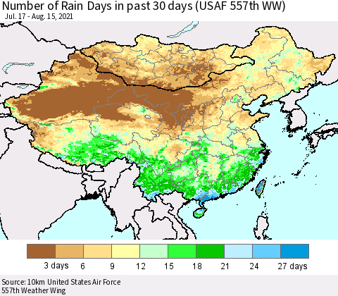 China, Mongolia and Taiwan Number of Rain Days in past 30 days (USAF 557th WW) 08/15/2021 Thematic Map For 8/11/2021 - 8/15/2021