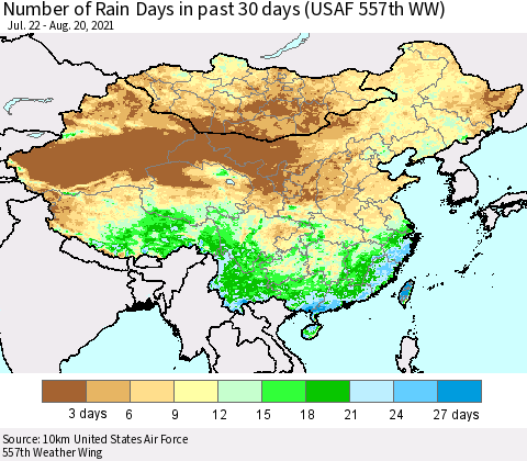 China, Mongolia and Taiwan Number of Rain Days in past 30 days (USAF 557th WW) 08/20/2021 Thematic Map For 8/16/2021 - 8/20/2021
