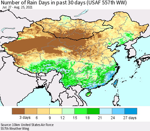 China, Mongolia and Taiwan Number of Rain Days in past 30 days (USAF 557th WW) 08/25/2021 Thematic Map For 8/21/2021 - 8/25/2021