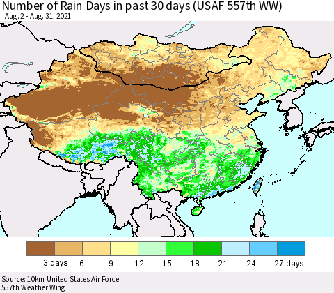 China, Mongolia and Taiwan Number of Rain Days in past 30 days (USAF 557th WW) 08/31/2021 Thematic Map For 8/26/2021 - 8/31/2021