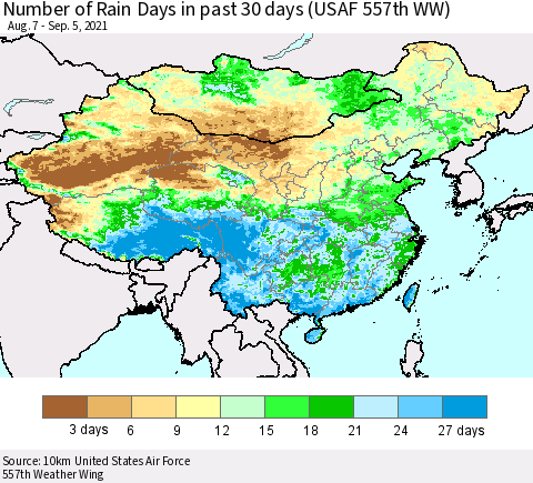 China, Mongolia and Taiwan Number of Rain Days in past 30 days (USAF 557th WW) 09/05/2021 Thematic Map For 9/1/2021 - 9/5/2021