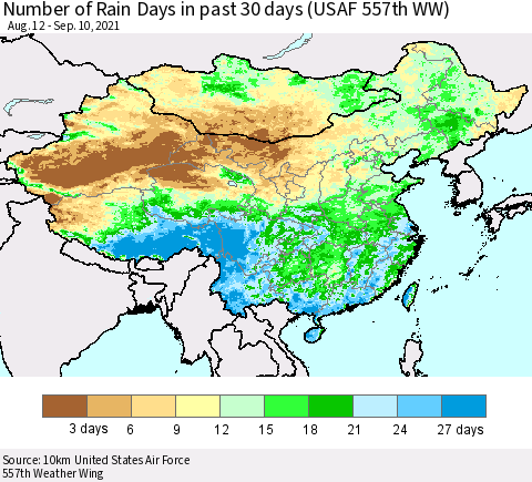 China, Mongolia and Taiwan Number of Rain Days in past 30 days (USAF 557th WW) 09/10/2021 Thematic Map For 9/6/2021 - 9/10/2021