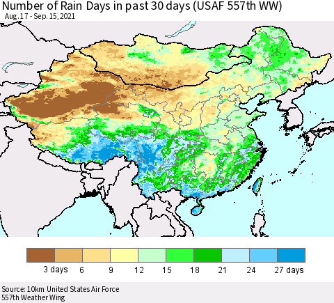 China, Mongolia and Taiwan Number of Rain Days in past 30 days (USAF 557th WW) 09/15/2021 Thematic Map For 9/11/2021 - 9/15/2021