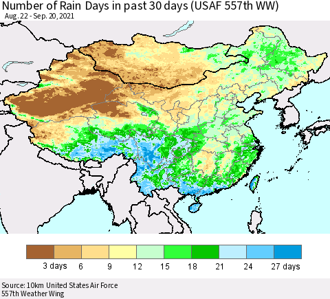China, Mongolia and Taiwan Number of Rain Days in past 30 days (USAF 557th WW) 09/20/2021 Thematic Map For 9/16/2021 - 9/20/2021