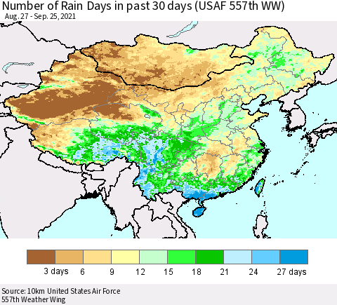 China, Mongolia and Taiwan Number of Rain Days in past 30 days (USAF 557th WW) 09/25/2021 Thematic Map For 9/21/2021 - 9/25/2021