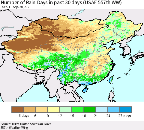 China, Mongolia and Taiwan Number of Rain Days in past 30 days (USAF 557th WW) 09/30/2021 Thematic Map For 9/26/2021 - 9/30/2021
