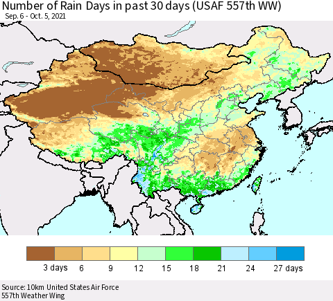 China, Mongolia and Taiwan Number of Rain Days in past 30 days (USAF 557th WW) 10/05/2021 Thematic Map For 10/1/2021 - 10/5/2021