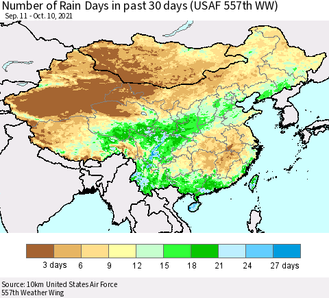 China, Mongolia and Taiwan Number of Rain Days in past 30 days (USAF 557th WW) 10/10/2021 Thematic Map For 10/6/2021 - 10/10/2021