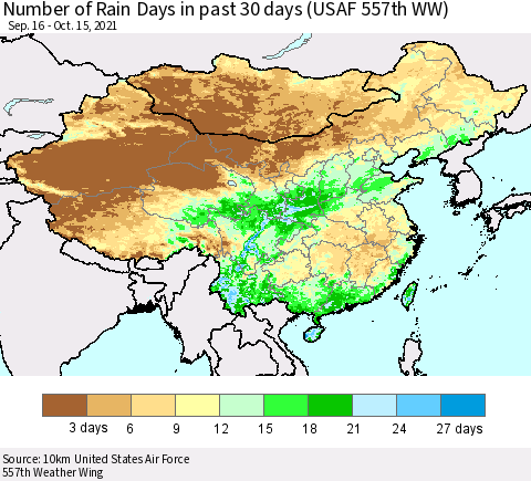 China, Mongolia and Taiwan Number of Rain Days in past 30 days (USAF 557th WW) 10/15/2021 Thematic Map For 10/11/2021 - 10/15/2021