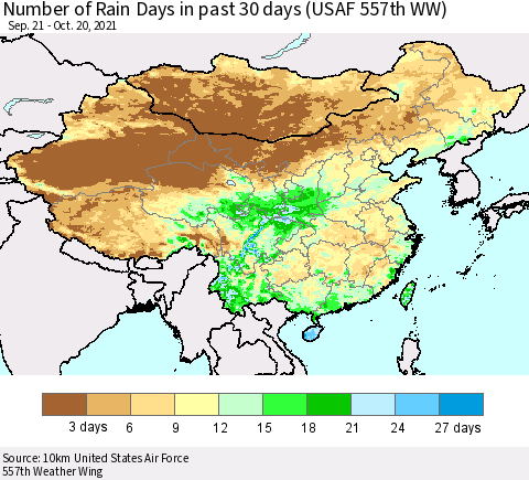 China, Mongolia and Taiwan Number of Rain Days in past 30 days (USAF 557th WW) 10/20/2021 Thematic Map For 10/16/2021 - 10/20/2021