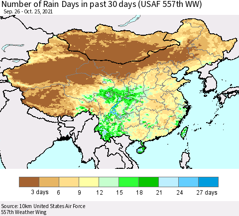 China, Mongolia and Taiwan Number of Rain Days in past 30 days (USAF 557th WW) 10/25/2021 Thematic Map For 10/21/2021 - 10/25/2021