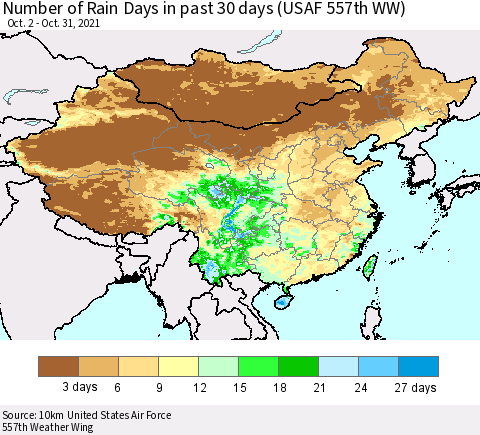 China, Mongolia and Taiwan Number of Rain Days in past 30 days (USAF 557th WW) 10/31/2021 Thematic Map For 10/26/2021 - 10/31/2021