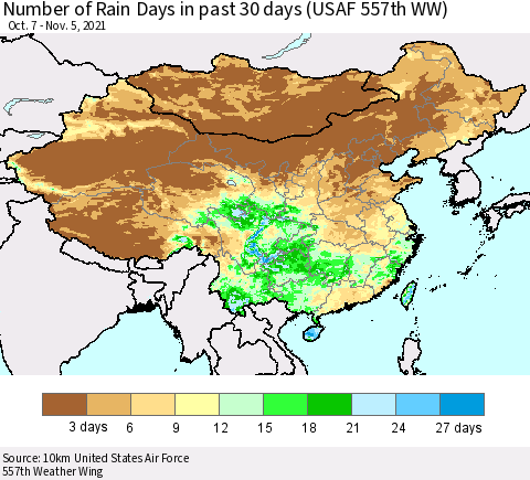 China, Mongolia and Taiwan Number of Rain Days in past 30 days (USAF 557th WW) 11/05/2021 Thematic Map For 11/1/2021 - 11/5/2021