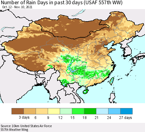 China, Mongolia and Taiwan Number of Rain Days in past 30 days (USAF 557th WW) 11/10/2021 Thematic Map For 11/6/2021 - 11/10/2021