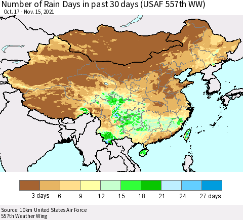China, Mongolia and Taiwan Number of Rain Days in past 30 days (USAF 557th WW) 11/15/2021 Thematic Map For 11/11/2021 - 11/15/2021