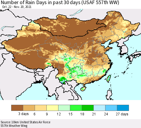 China, Mongolia and Taiwan Number of Rain Days in past 30 days (USAF 557th WW) 11/20/2021 Thematic Map For 11/16/2021 - 11/20/2021