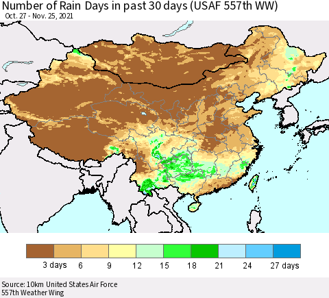 China, Mongolia and Taiwan Number of Rain Days in past 30 days (USAF 557th WW) 11/25/2021 Thematic Map For 11/21/2021 - 11/25/2021
