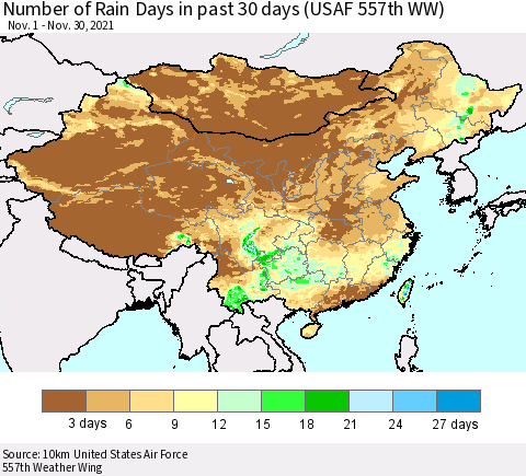 China, Mongolia and Taiwan Number of Rain Days in past 30 days (USAF 557th WW) 11/30/2021 Thematic Map For 11/26/2021 - 11/30/2021