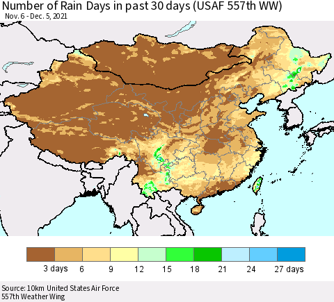 China, Mongolia and Taiwan Number of Rain Days in past 30 days (USAF 557th WW) 12/05/2021 Thematic Map For 12/1/2021 - 12/5/2021