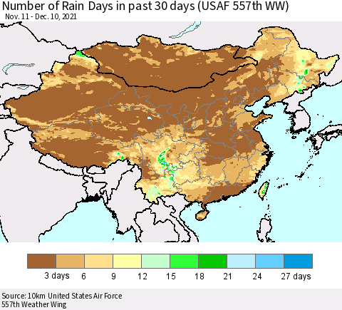 China, Mongolia and Taiwan Number of Rain Days in past 30 days (USAF 557th WW) 12/10/2021 Thematic Map For 12/6/2021 - 12/10/2021