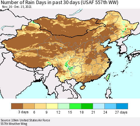 China, Mongolia and Taiwan Number of Rain Days in past 30 days (USAF 557th WW) 12/15/2021 Thematic Map For 12/11/2021 - 12/15/2021