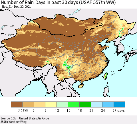 China, Mongolia and Taiwan Number of Rain Days in past 30 days (USAF 557th WW) 12/20/2021 Thematic Map For 12/16/2021 - 12/20/2021