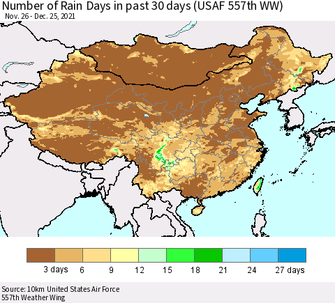 China, Mongolia and Taiwan Number of Rain Days in past 30 days (USAF 557th WW) 12/25/2021 Thematic Map For 12/21/2021 - 12/25/2021