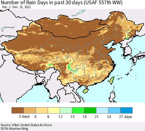 China, Mongolia and Taiwan Number of Rain Days in past 30 days (USAF 557th WW) 12/31/2021 Thematic Map For 12/26/2021 - 12/31/2021
