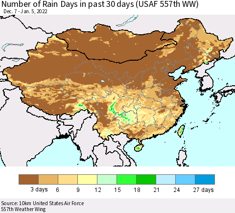 China, Mongolia and Taiwan Number of Rain Days in past 30 days (USAF 557th WW) 01/05/2022 Thematic Map For 1/1/2022 - 1/5/2022