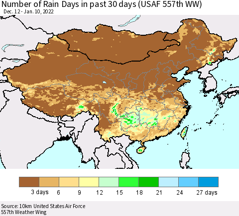 China, Mongolia and Taiwan Number of Rain Days in past 30 days (USAF 557th WW) 01/10/2022 Thematic Map For 1/6/2022 - 1/10/2022