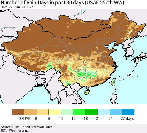 China, Mongolia and Taiwan Number of Rain Days in past 30 days (USAF 557th WW) 01/20/2022 Thematic Map For 1/16/2022 - 1/20/2022