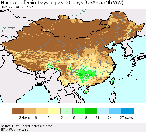 China, Mongolia and Taiwan Number of Rain Days in past 30 days (USAF 557th WW) 01/25/2022 Thematic Map For 1/21/2022 - 1/25/2022